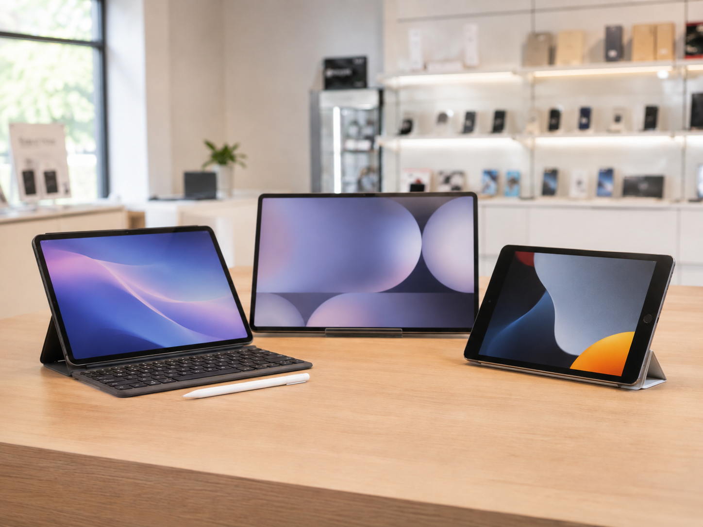 Tablets con teclado y lápiz óptico sobre el mostrador