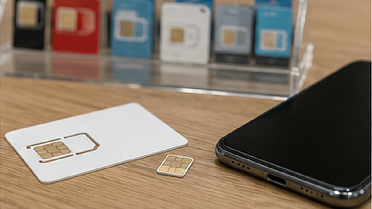 Tarjetas SIM de prepago junto a un móvil en la tienda de Granollers