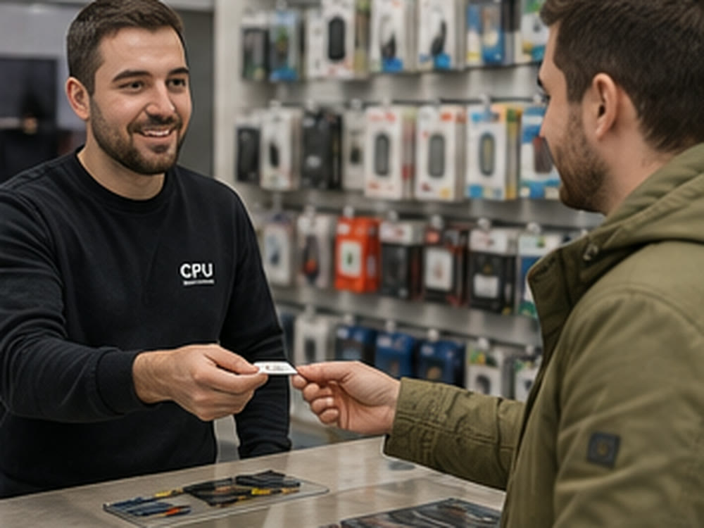 Tècnic de CPU Informàtica Nord lliurant una targeta SIM a un client al mostrador