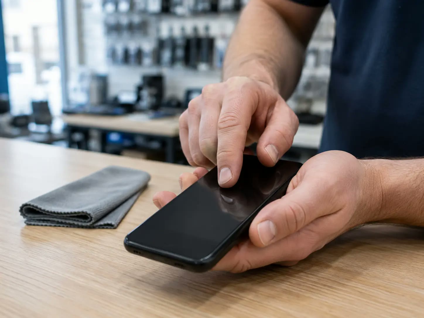Comprobación de un móvil de segunda mano en el mostrador de la tienda