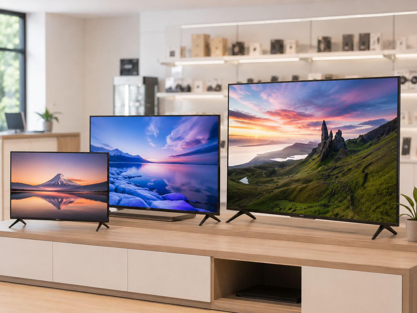 Televisores de distintos tamaños encendidos en la tienda
