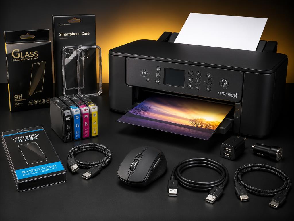 Impressora, cartutxos de tinta, protectors de pantalla, fundes i cables