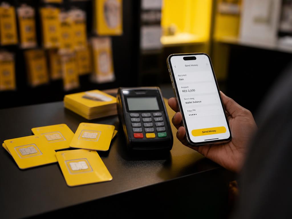 Targetes SIM de prepagament i terminal per a enviaments de diners al taulell de la botiga
