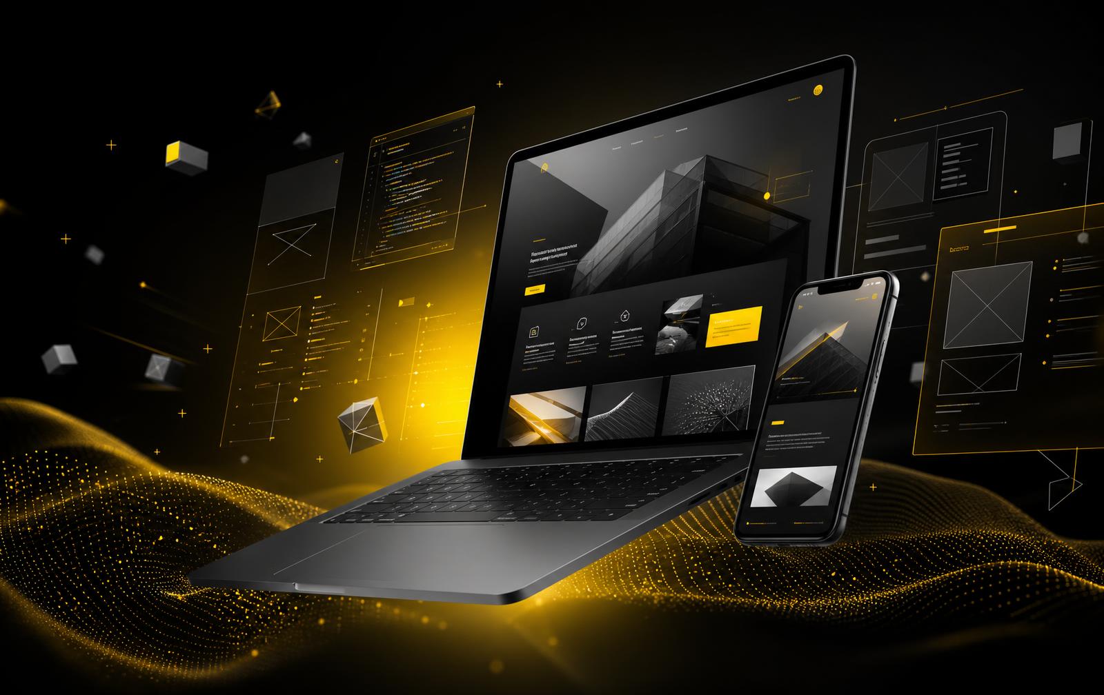 Diseño de una página web en pantalla, con bocetos y colores de marca